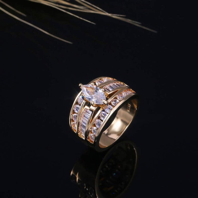 Hsitgexf Wedding Ring Set for Women 14K Gold Plated Marquise Cut CZ Engagement Rings Bridal Set Anniversary Promise Wideband Rings for Her - Image 3
